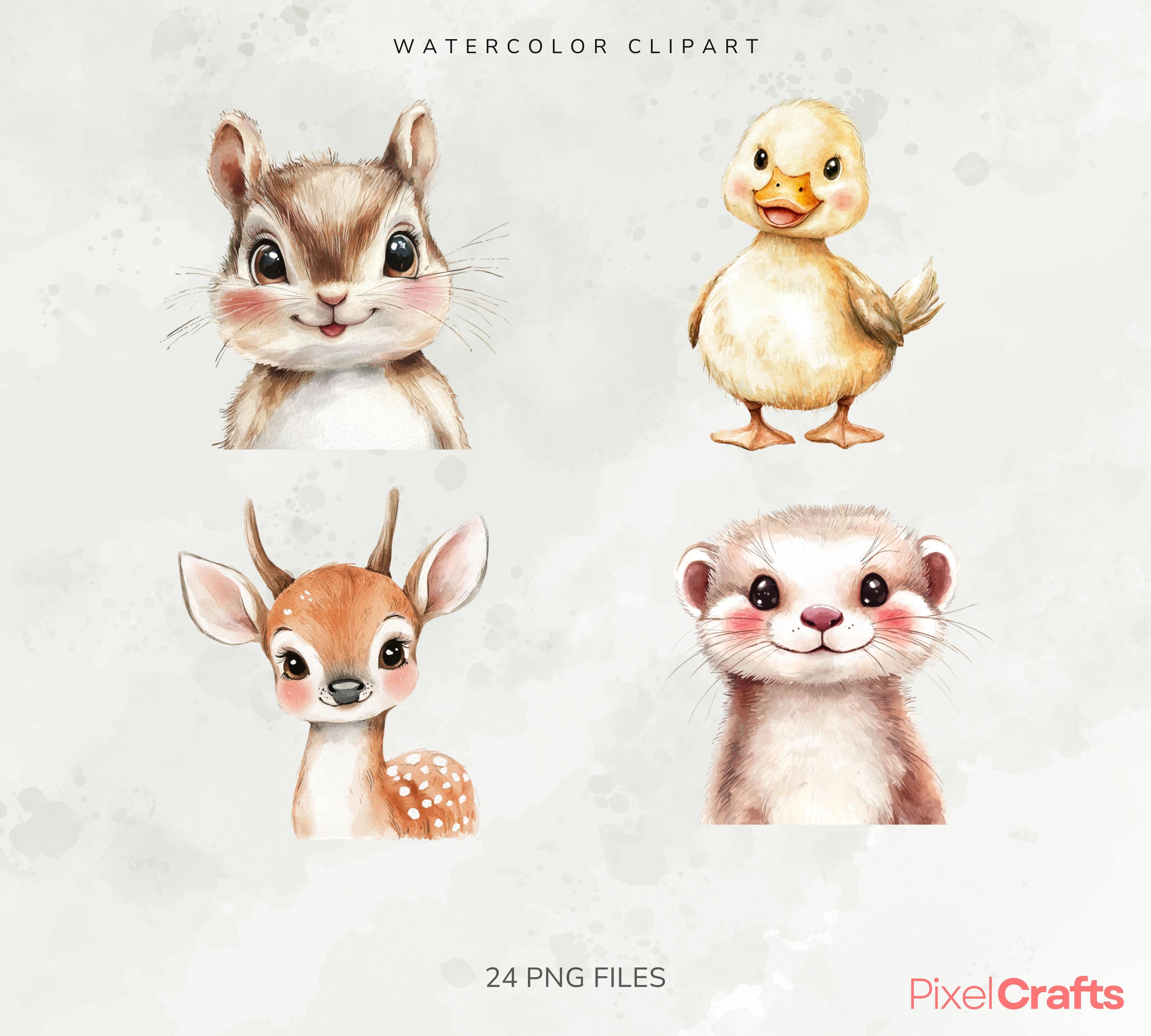 Boho Woodland Animals Clipart Bundle, Watercolor Baby Animal Portraits ...