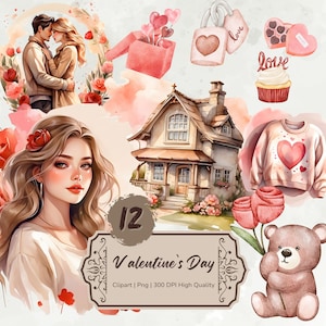 Watercolor Valentines Day Clipart Bundle, Cozy Valentine Png, Love Clipart, Romantic Couple Illustrations, Card Making, Digital Stickers