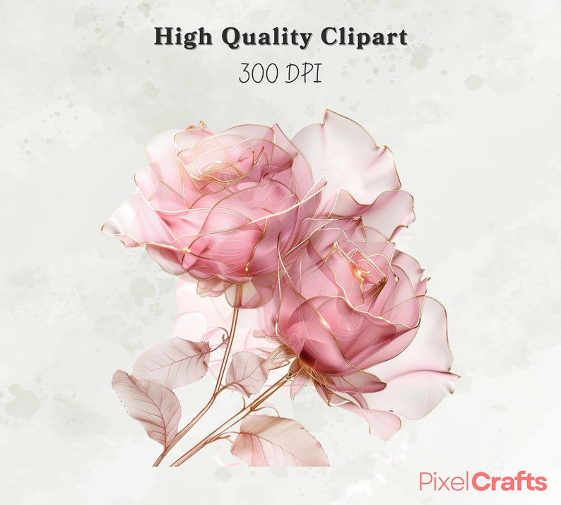 Abstract Pink Roses Clipart, Gold and Pink Roses Flowers Clipart Bundle ...