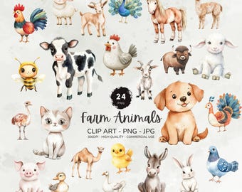 Watercolor Farm Animals Clipart, Cute Baby Animals Pngs, Nursery Cute Animals Clipart Bundle, Baby Shower Files, Baby Animal Decor Set