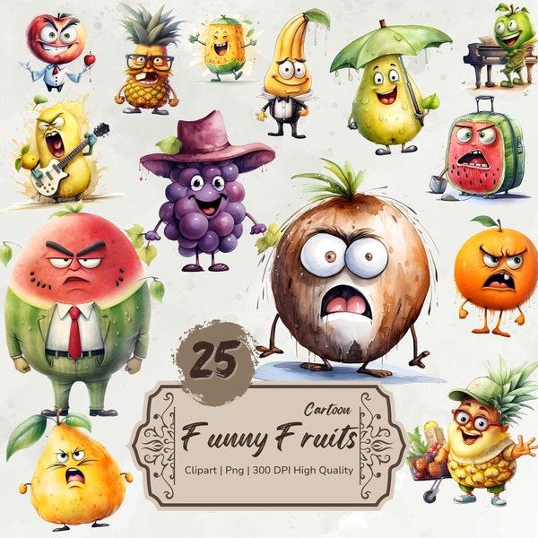 Watercolor Funny Fruits Clipart, Quirky Summer Fruits Clipart, Tropical Fruits Png, Illustration Fruit Graphics, Fruits Digital Stickers