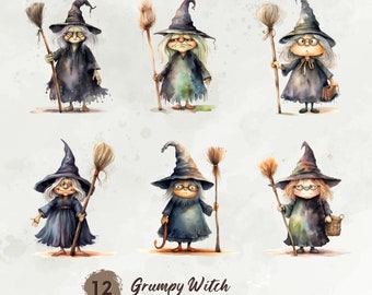 Grumpy Witch Clipart, Magical Clipart, Watercolor Witch Png, Fantasy Clipart, Funny Witches, Whimsical Clipart, Witchcraft Digital Download