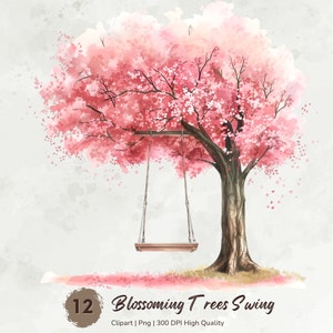 May include: A watercolour painting of a pink cherry blossom tree with a wooden swing hanging from a branch. The tree is surrounded by pink petals on the ground. The text "Blossoming Trees Swing" is written below the tree.