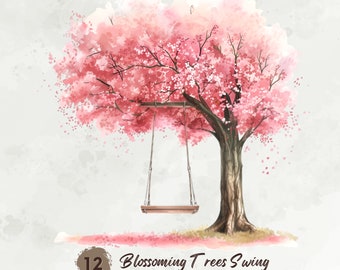 Swing in Pink Tree Clipart Bundle, Floral Swing, Blossom Trees, Botanical Art, Printable Watercolor Clipart, Mixed Media, Digital Download