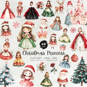 Clipart de princesa navideña, gráficos de princesa de cuento de hadas, clipart de Navidad, decoración de guardería en acuarela, clipart real, princesa de fantasía png