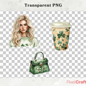 May include: A green handbag with a clover design, a green and white coffee cup with a clover design, and a woman with blonde hair wearing a green sweater with a clover design.
