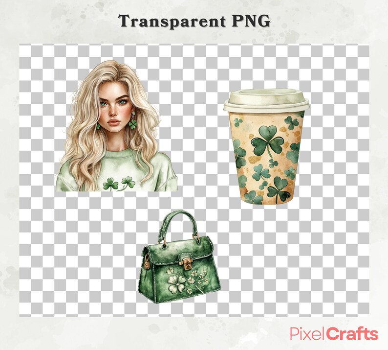 May include: A green handbag with a clover design, a green and white coffee cup with a clover design, and a woman with blonde hair wearing a green sweater with a clover design.