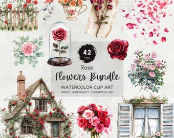Clipart Floral Aquarela, Pacote Clipart Rosas Empoeiradas, Arranjo Floral, Rosas Rosa Png, Clipart Flores Elegantes, Uso Comercial