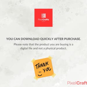 Puede incluir: Anuncio de producto digital con un logotipo cuadrado rojo para Pixel Crafts. El texto dice: &laquo;PUEDE DESCARGAR R&Aacute;PIDAMENTE DESPU&Eacute;S DE LA COMPRA&raquo;. Tambi&eacute;n es visible una nota adhesiva amarilla con &laquo;GRACIAS&raquo; y una carita sonriente.