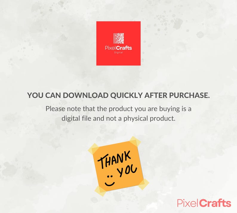 Puede incluir: Anuncio de producto digital con un logotipo cuadrado rojo para Pixel Crafts. El texto dice: &laquo;PUEDE DESCARGAR R&Aacute;PIDAMENTE DESPU&Eacute;S DE LA COMPRA&raquo;. Tambi&eacute;n es visible una nota adhesiva amarilla con &laquo;GRACIAS&raquo; y una carita sonriente.
