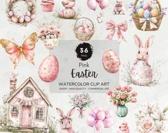 Watercolor Easter Clipart, Pink Easter Eggs Clipart, Spring Clipart, Happy Easter Graphics, Cute Easter Bunny Clipart, Digital Stickers