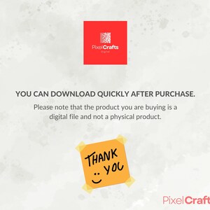 Puede incluir: Un aviso de descarga digital con el texto "YOU CAN DOWNLOAD QUICKLY AFTER PURCHASE. Please note that the product you are buying is a digital file and not a physical product." y una nota adhesiva amarilla con el texto "THANK YOU" y una carita sonriente.