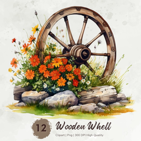 Watercolor Floral Wheel Clipart, Wooden Wheel Png, Western Ranch Clipart, Spring Clipart, Floral Png, Garden Clipart, Digital Download