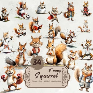 Watercolor Funny Squirrel Clipart, Cute Cartoon Woodland Animals, Quirky Squirrel Png, Caricature Forest Animals Bundle, Digital Stickers