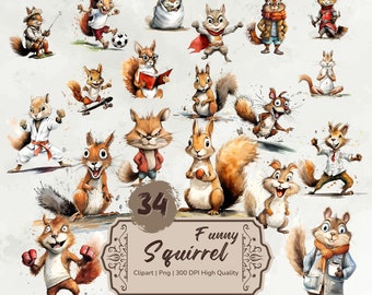 Watercolor Funny Squirrel Clipart, Cute Cartoon Woodland Animals, Quirky Squirrel Png, Caricature Forest Animals Bundle, Digital Stickers