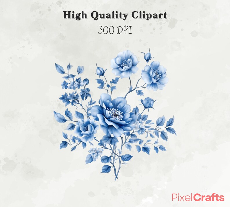 Puede incluir: Ilustraci&oacute;n digital de un ramo de flores azules con hojas verdes. La imagen tiene el texto "High Quality Clipart" y "300 DPI" en la parte superior. El logotipo de PixelCrafts est&aacute; en la esquina inferior derecha.