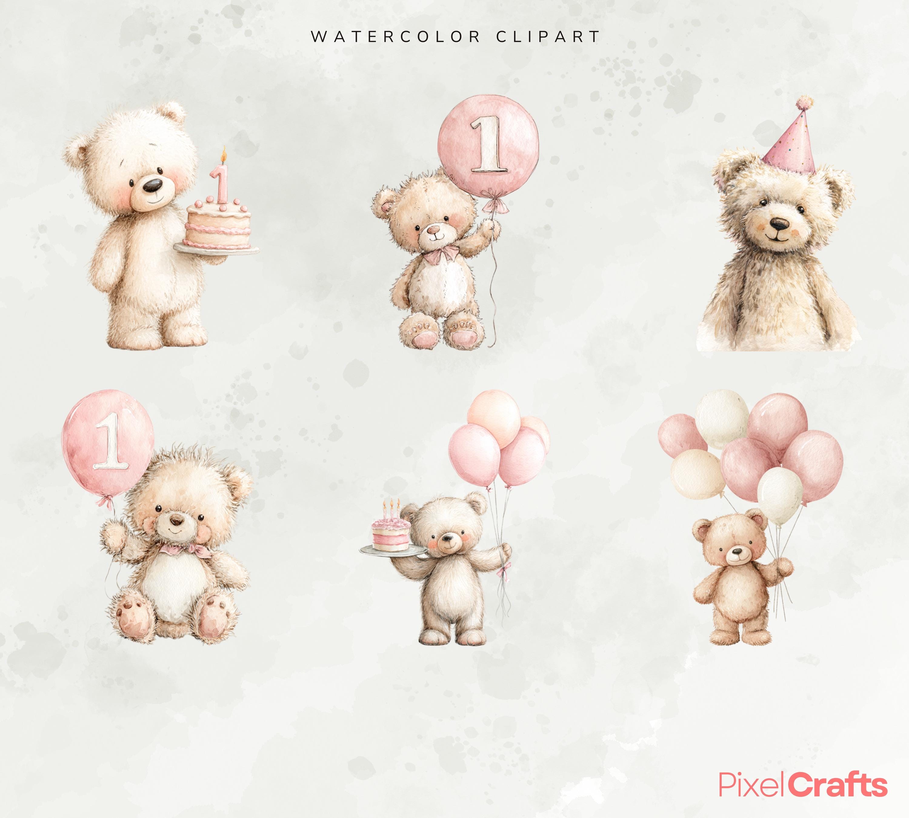 First Birthday Teddy Bear Clipart Set, Watercolor Bear Cake Png, 1st ...