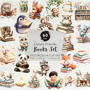 Bibliotheek vrienden clipart, boeken clipart set, schattige dierenboeken png, gezellige boekenwurm clipart, boekenliefhebber png, afdrukbare aquarel clipart pack
