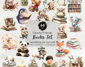 May include: A set of 60 watercolor illustrations featuring various animals reading books. The illustrations are in a whimsical style and include a hedgehog, penguin, cat, fox, raccoon, and more. The set is perfect for creating children's books, cards, or other projects.