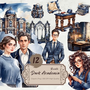 Dark Academia Clipart Bundle, Watercolor Dark Academia Png, University, Student, Bookworm, Romantic Fantasy Academia, Digital Stickers