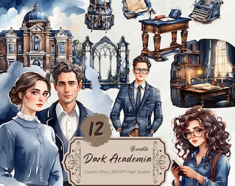 Dark Academia Clipart Bundle, Watercolor Dark Academia Png, University, Student, Bookworm, Romantic Fantasy Academia, Digital Stickers