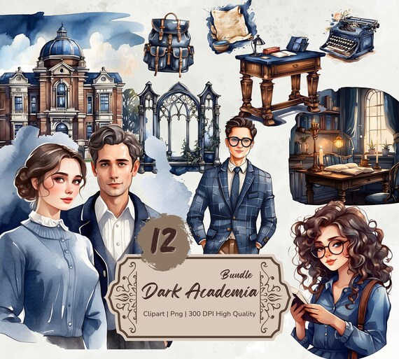Dark Academia Clipart Bundle, Watercolor Dark Academia Png, University, Student, Bookworm, Romantic Fantasy Academia, Digital Stickers