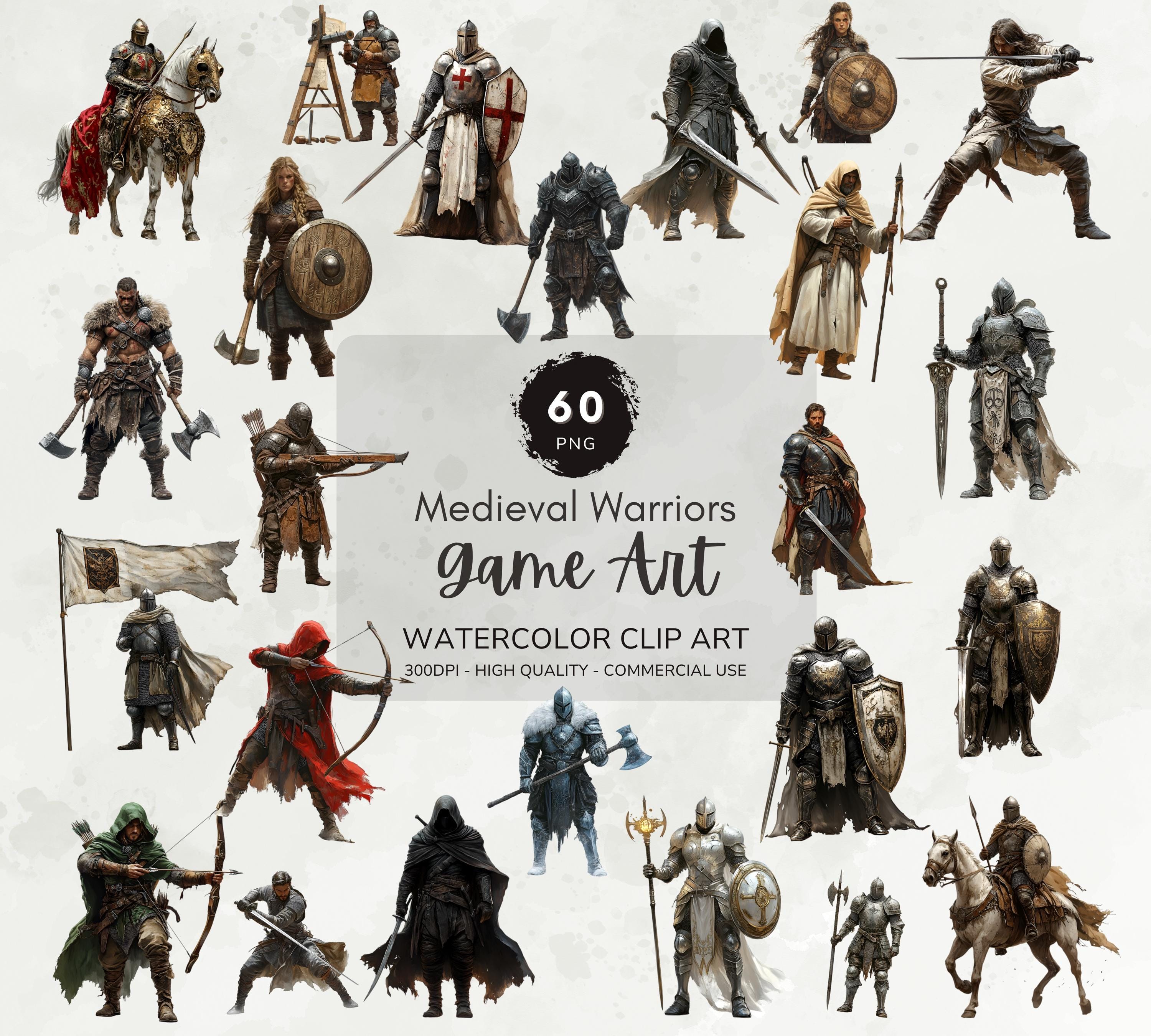 Medieval Warriors Clipart, Video Game Clipart, Gamer Graphics, Fantasy Clipart Bundle, Printable Watercolor Clipart, Game Art Download