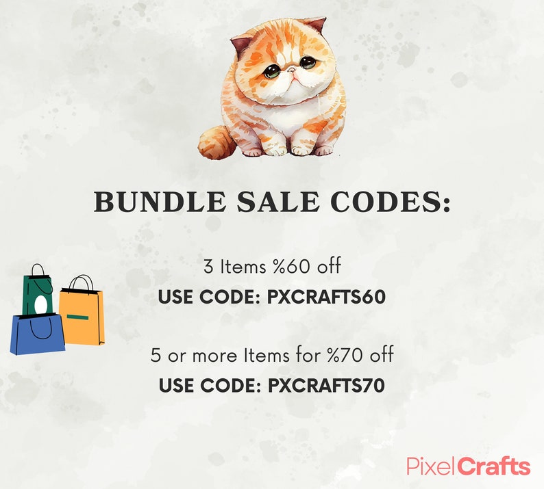 Puede incluir: Una ilustraci&oacute;n de acuarela de un lindo gato naranja sentado sobre un fondo blanco. El texto "BUNDLE SALE CODES:" est&aacute; por encima del gato. Debajo del gato, el texto dice "3 Items %60 off USE CODE: PXCRAFTS60 5 or more Items for %70 off USE CODE: PXCRAFTS70 Pixel Crafts".