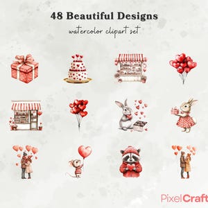 May include: 48 watercolor clipart designs featuring a variety of Valentine's Day themes, including hearts, a cake, a gift box, a bunny, a raccoon, a mouse, and a couple.