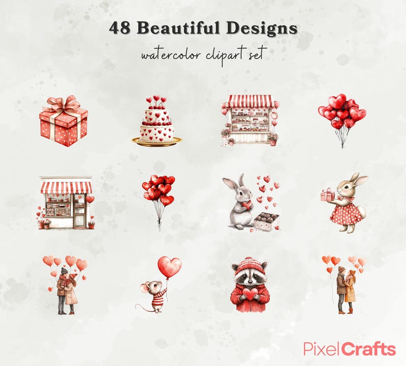 May include: 48 watercolor clipart designs featuring a variety of Valentine's Day themes, including hearts, a cake, a gift box, a bunny, a raccoon, a mouse, and a couple.