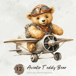 Aviator Teddy Bear Clipart, Fluffy Teddy Png Images, Printable Watercolor Clipart Bundle, Teddy Stickers, Commercial Use, Digital Download