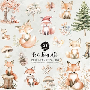 Clipart renard, clipart Animal des bois, graphismes de renard mignon, clipart aquarelle imprimable, art pour chambre d'enfant des bois, décoration de baby shower, png nature