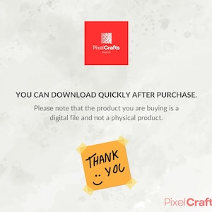 Op de afbeelding: Afbeelding van een digitaal product met het Pixel Crafts-logo in een rode vierkant. Tekst luidt: "U KUNT SNEL DOWNLOADEN NA AANKOOP." Een gele plakbriefje met "DANK U" en een smiley is geplakt.
