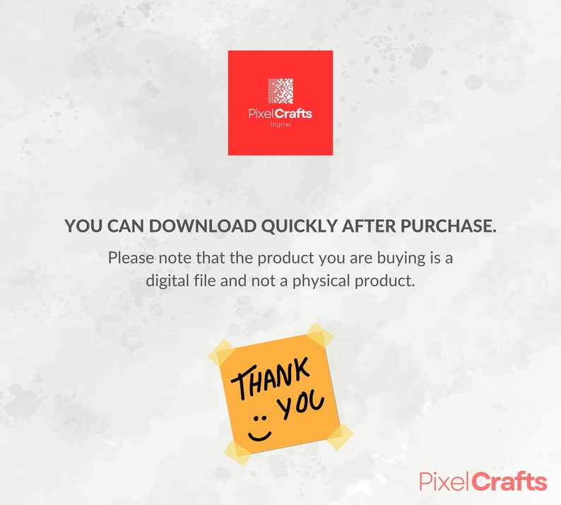 Op de afbeelding: Afbeelding van een digitaal product met het Pixel Crafts-logo in een rode vierkant. Tekst luidt: "U KUNT SNEL DOWNLOADEN NA AANKOOP." Een gele plakbriefje met "DANK U" en een smiley is geplakt.