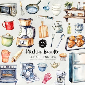 Pacote de clipart de cozinha, clipart de utensílios de cozinha, clipart de utensílios de cozinha, clipart de suprimentos de panificação, gráficos de cozinha em aquarela, download digital