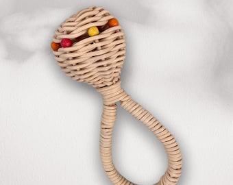 Rattan Baby Rattle, Natural Montessori Toy with Bell