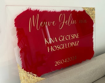 Plaque de réception avec panneau de bienvenue détaillé en or Dügün Söz Nisan Kına