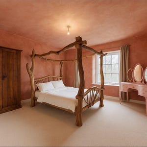 Könnte beinhalten: Schlafzimmer mit einem rustikalen Himmelbett aus Naturholz. Das Bett ist mit weißer Bettwäsche ausgestattet. Der Raum verfügt außerdem über einen Holzschrank, einen rosa Schminktisch und ein Fenster mit beigefarbenen Vorhängen. Die Wände sind in einem warmen, erdigen Ton gestrichen.