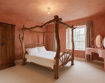 May include: A rustic four-poster bed made of natural wood is the focal point of a bedroom. The bed has a white comforter and pillows. The room features a wooden wardrobe, a pink vanity, and a window with beige curtains. The walls are painted in a warm, earthy tone.