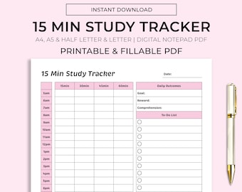 15 min studietracker, studentenplanner, studentplanner afdrukbaar, bureauplanner, schoolplanner, direct downloaden, A4/A5/halve letter/brief