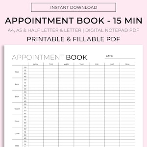 Può includere: Un'agenda di appuntamenti stampabile in bianco e nero con un layout a griglia per la pianificazione degli appuntamenti. L'agenda è progettata per intervalli di 15 minuti e include i giorni della settimana e gli slot temporali dalle 7:00 alle 13:00. Il testo "APPOINTMENT BOOK - 15 MIN" è in cima alla pagina.