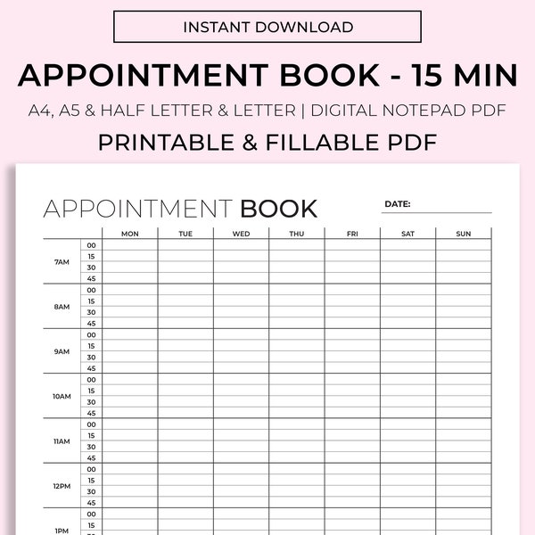 Appointment Tracker Printable, 15 Minute Interval Appointment Planner, Appointment Inserts, Appointment Book, Nail Appointment