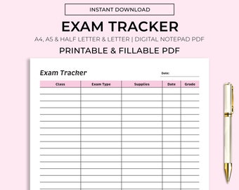 May include: Printable and fillable exam tracker PDF in A4, A5, and half letter sizes. The PDF has columns for class, exam type, supplies, date, and grade.