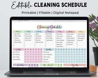 May include: A digital cleaning schedule displayed on a laptop screen. The schedule is organised into daily, weekly, monthly, bi-annual, and annual tasks. Daily tasks include cleaning the kitchen, bathroom, and bedrooms. Weekly tasks include washing clothes, dusting surfaces, and cleaning the fridge. Monthly tasks include cleaning pillows, washing ceiling lights, and cleaning closets. Bi-annual tasks include cleaning the oven and rug scrubbing. Annual tasks include cleaning the whole house.