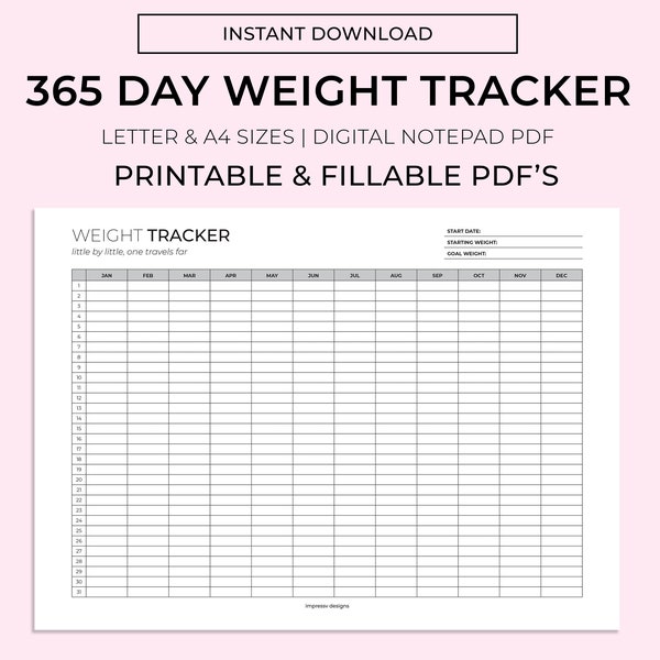 365 Day Weight Tracker Printable & Fillable, Weight Loss Tracker, Weight Log, Daily Weight Journal, A4/A5/Letter/Half Size, PDF Download