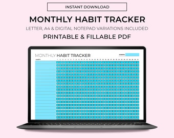 Maandelijkse gewoontetracker, invulbaar en afdrukbaar, routineplanner, gewoontetracker, digitale Kladblokplanner, planner invoegen, A4, lettergroottes