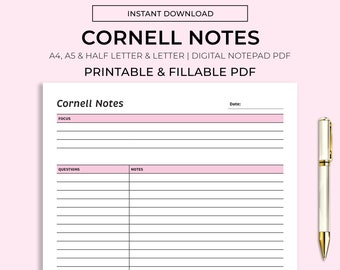 Szablon planera Cornell Notes, planer ucznia, wydruk dla ucznia, planer biurkowy, planer szkolny, natychmiastowe pobieranie, A4/A5/pół listu/list