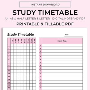 May include: A printable study timetable in PDF format. The timetable is divided into 8 columns representing hours and 16 rows representing days. There is a separate column for study topics.