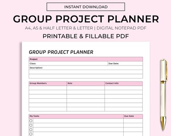 Könnte beinhalten: Ein druckbarer Gruppenprojektplaner mit Abschnitten für Projektdetails, Gruppenmitglieder, Rollen, Kontaktinformationen, Aufgaben und Fälligkeitstermine. Der Planer ist für die digitale Verwendung konzipiert und in den Größen A4, A5 und Halb-Brief verfügbar.