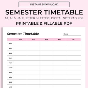 Semester Timetable Planner, Student Planner, Student Printable, Desk ...
